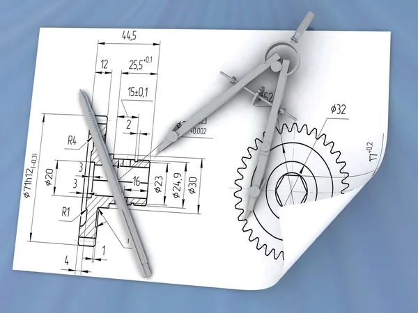 Rysunek, długopis i kompasy — Zdjęcie stockowe