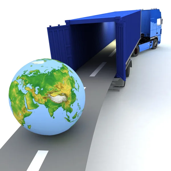 Container with open doors and a globe — Stock Photo, Image
