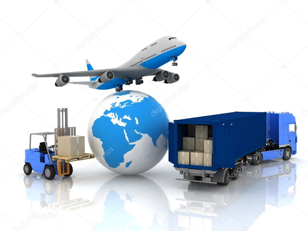 Airliner with a globe and autoloader with boxes