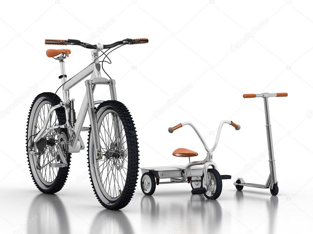 Racing bike with a children's bike and scooter