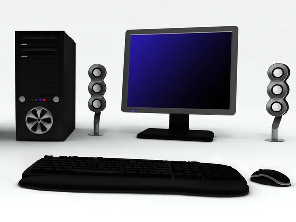 Czarny komputer z głośnikami i myszy — Zdjęcie stockowe