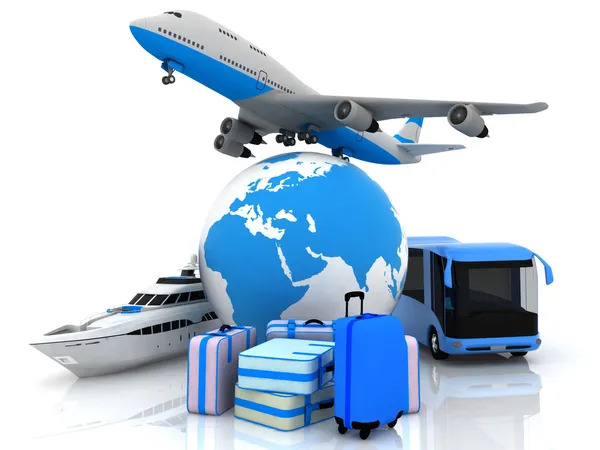 Types of transport liners with a globe and suitcases — Stock Photo, Image
