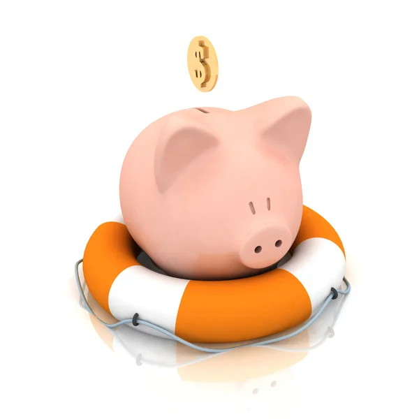 stock image Piggy bank is in lifebuoy