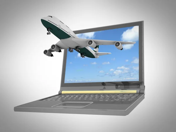 飞机起飞从便携式计算机的显示器. — 图库照片