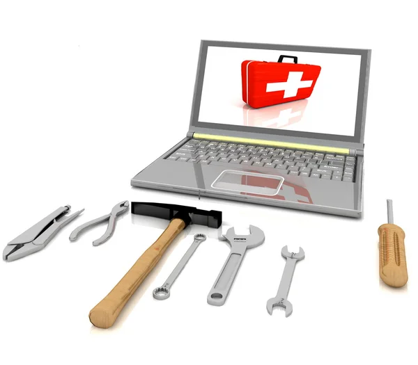 El portátil con el conjunto completo de herramientas para la reparación —  Fotos de Stock