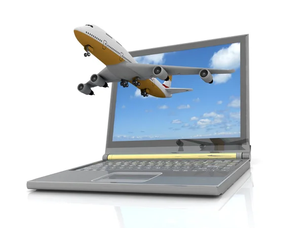 Samolot startuje z monitora laptopa. — Zdjęcie stockowe