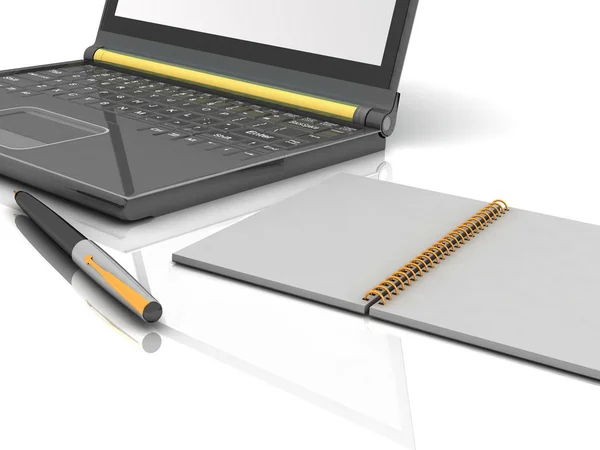 Laptop com um notebook e caneta — Fotografia de Stock