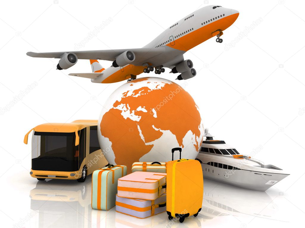 Types of transport liners with a globe and luggage