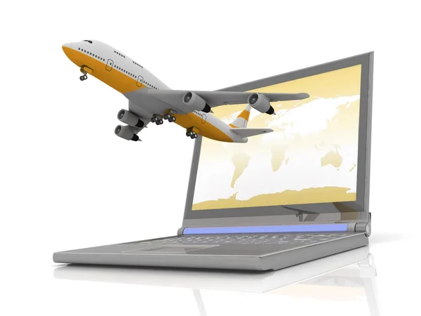 Het vliegtuig opstijgt uit de laptop monitor. — Stockfoto