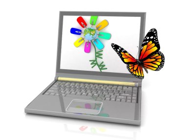 The butterfly flying to an attractive picture on the laptop screen