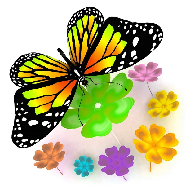 蝴蝶和鲜花在白色背景上 — 图库照片