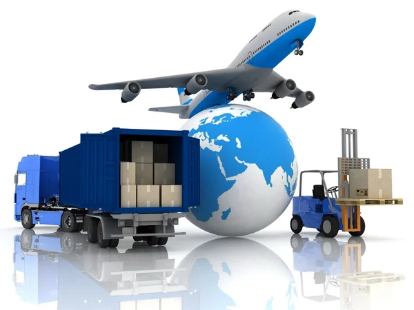 Verkehrsflugzeug mit Globus und Autoloader mit Kisten im Container — Stockfoto