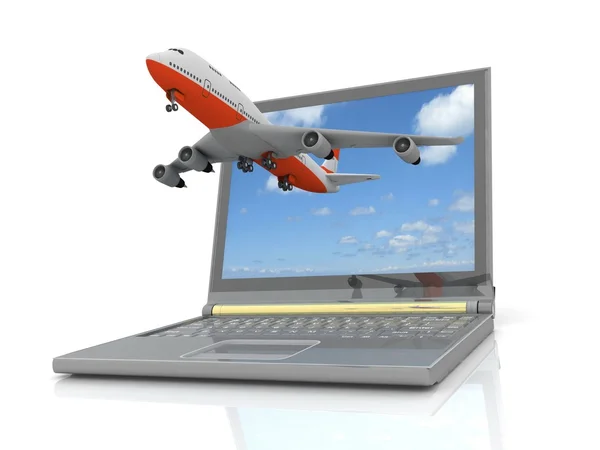 Plane takes off from the laptop monitor — Stock Photo, Image