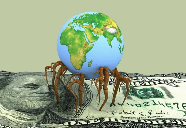 Globe germinated roots in a dollar — Stock Photo, Image