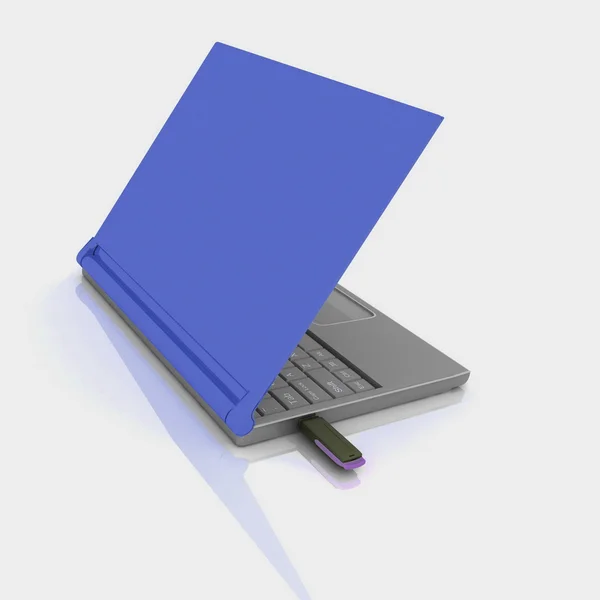 Unidade de armazenamento USB e laptop isolado no branco — Fotografia de Stock