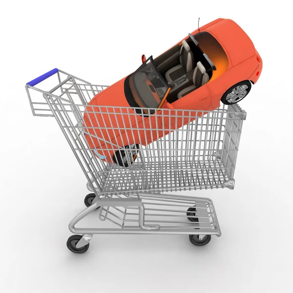 Cart from a supermarket with a gift on a white background — Stock Photo, Image