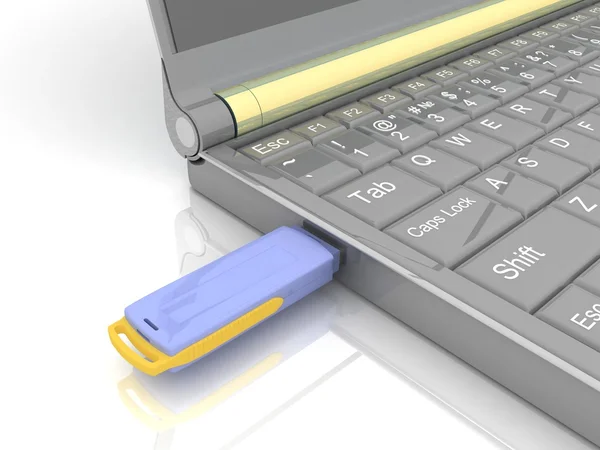 USB opslag drive en laptop geïsoleerd op wit — Stockfoto