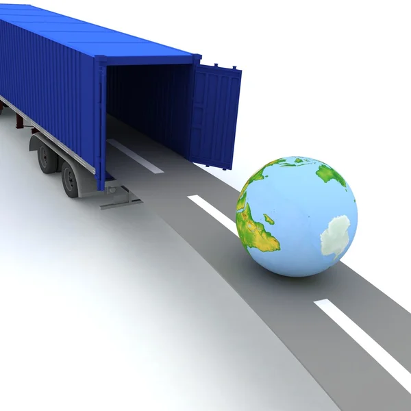 Container mit offenen Türen und einer Weltkugel. Wir bieten internationalen Transport. — Stockfoto