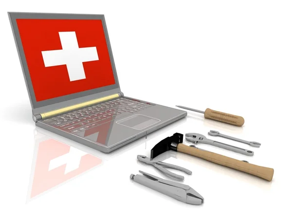 O laptop com o conjunto completo de ferramentas para reparo — Fotografia de Stock