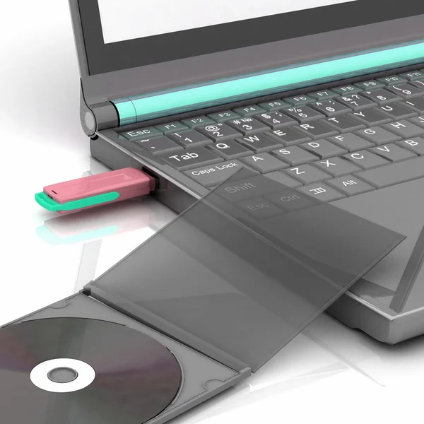 CD si trova accanto a un notebook in cui l'unità flash inserita. isolato su bianco — Foto Stock
