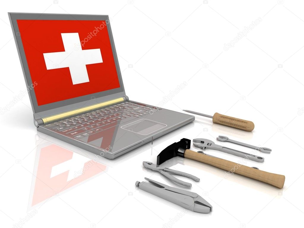 The laptop with the complete set of tools for repair
