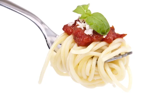 stock image Spaghetti with tomato sauce on a fork