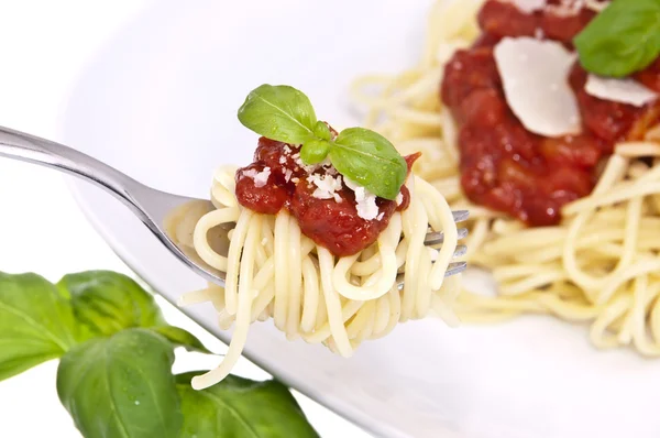 Espaguetis con salsa de tomate en un tenedor — Foto de Stock