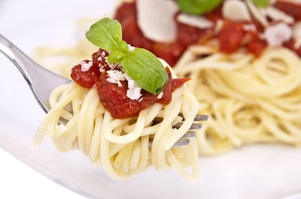 Çatal üzerinde domates soslu spagetti — Stok fotoğraf