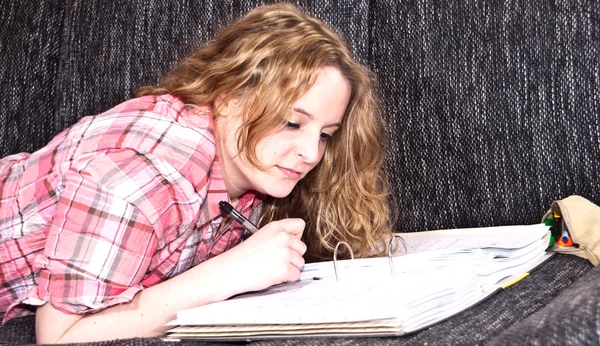 Молодая привлекательная девушка учится на диване — стоковое фото