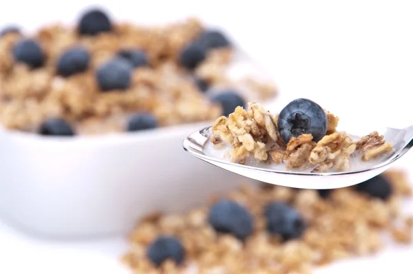 Muesli with blueberries on a spoon — Stock Photo, Image