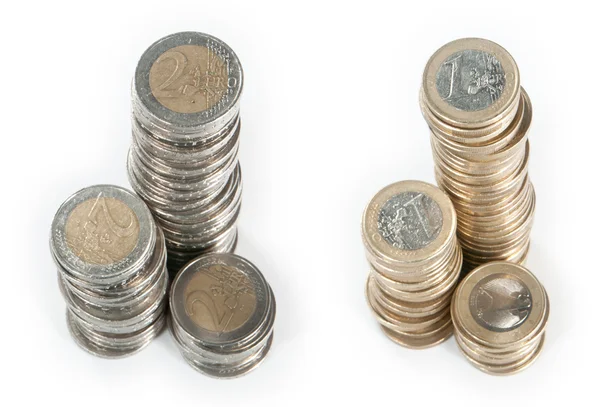 Pilas con monedas en euros (1 y 2 euros) ) —  Fotos de Stock