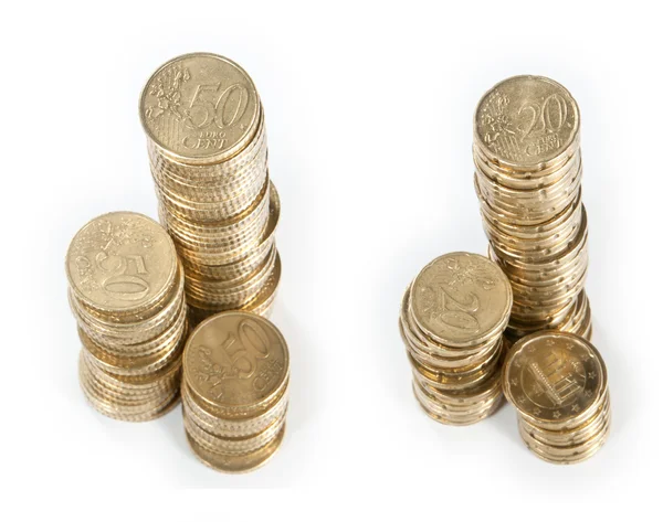 Pilas con monedas en euros (20 y 50 Cent. ) —  Fotos de Stock