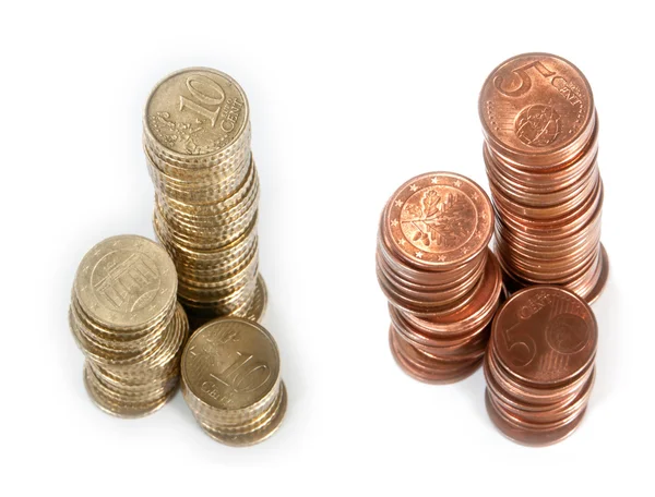 Stapels met Euro-munten (5 en 10 Cent) — Stockfoto
