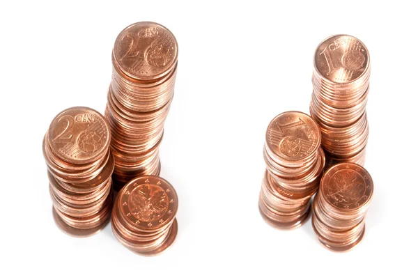 Stapels met Euro-munten (1 en 2 eurocent) — Stockfoto