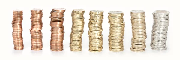 Geld stapels van 1 cent tot 2 euro — Stockfoto