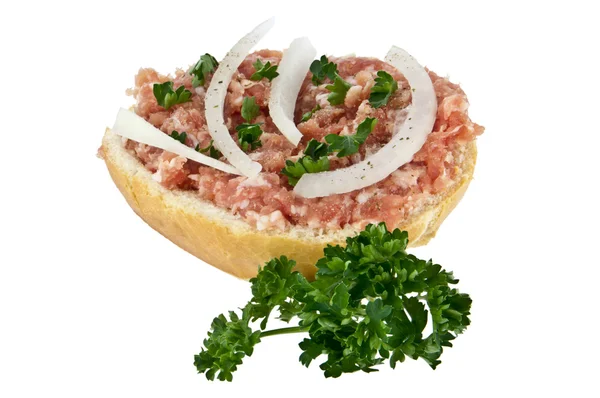 Halved roll with minced pork — Stock Photo, Image