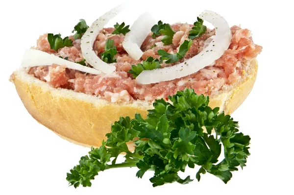 Halved roll with minced pork — Stock Photo, Image
