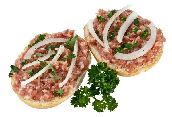 Halved rolls with minced pork — Stock Photo, Image