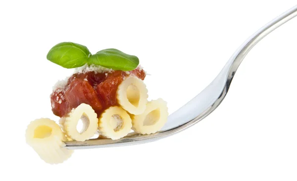 Penne with sauce and chese on a fork — Stock Photo, Image