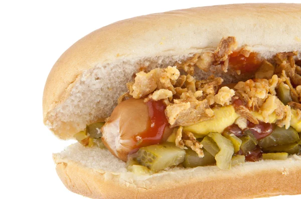 Hot Dog with onions and cucumber — Stock Photo, Image