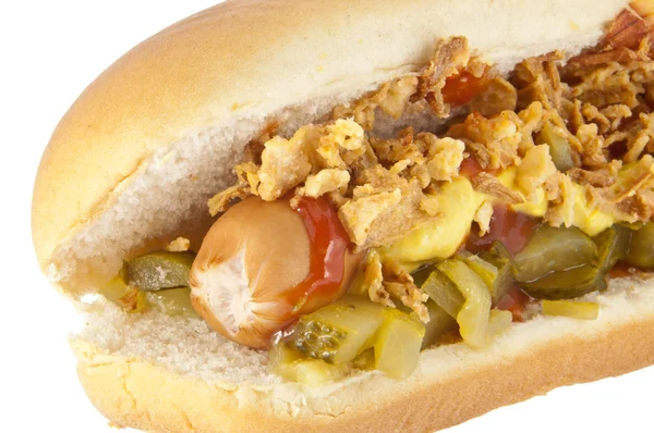 Hot Dog with onions and cucumber — Stock Photo, Image