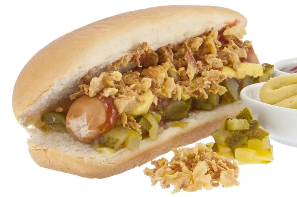 Hot Dog com molhos em tigelas (caminhos de recorte ) — Fotografia de Stock