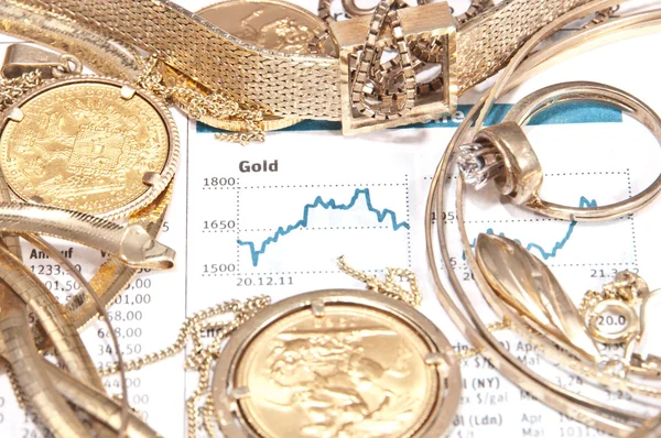 Gamla smycken med guld pris — Stockfoto