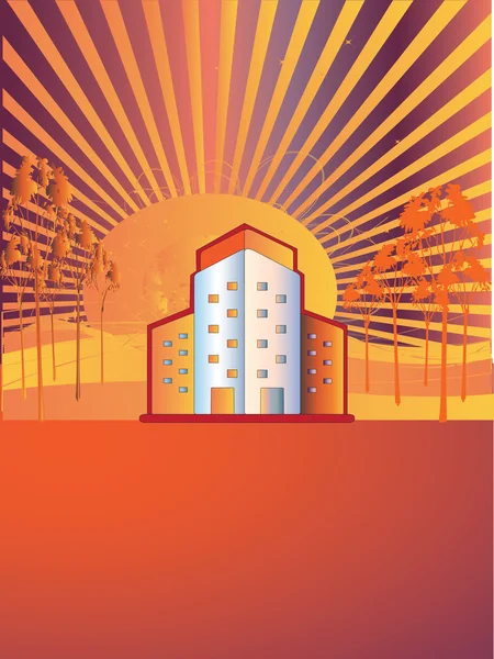 太陽の丘と木の背景を持つ建物 — ストックベクタ