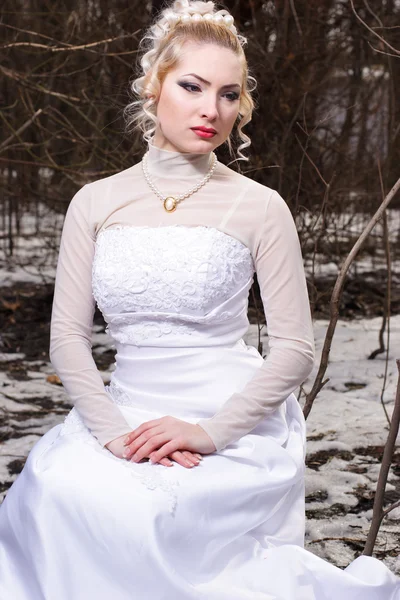Невеста в свадебном платье в зимнем лесу — стоковое фото
