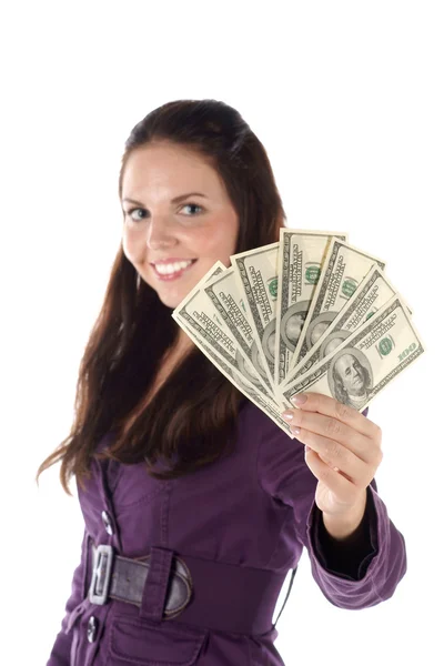 Mulher sorridente com pilha de dólar (foco na mão ) — Fotografia de Stock