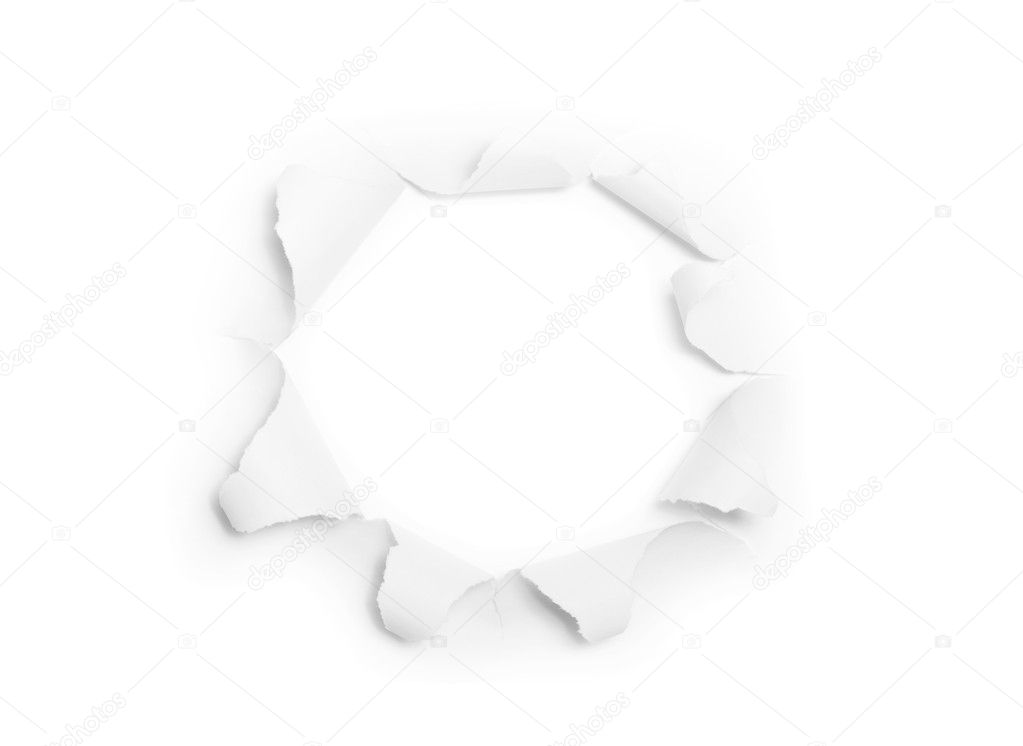 The sheet of torn paper with round hole (isolated)