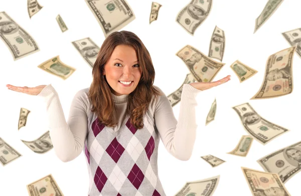 Confused girl on dollars background — Stock Photo, Image