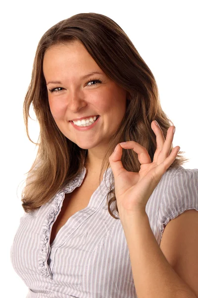 Funny girl indicating OK sign on white background — Stock Photo, Image