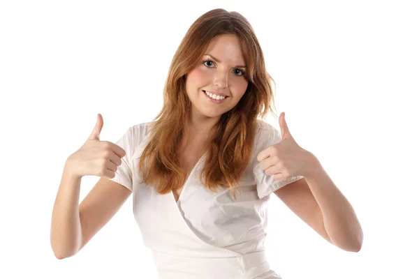 Thumbs up. Smiling young female — Stock Photo, Image